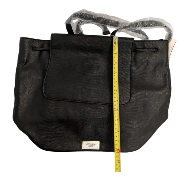 NWT Victoria's Secret Backpack Purse Black Faux Leather Drawstring Bag Large - Picture 7 of 9